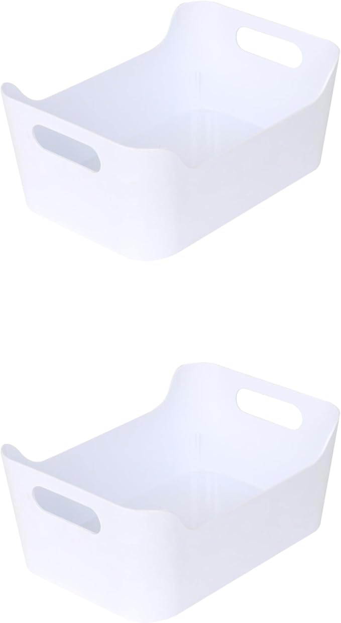 YBM Home Plastic Storage Bins with Handles for Kitchen and Pantry Organization-Multipurpose Open Storage Bins for Under Sink Storage, Bathroom,Vanity, Laundry Room,and Crafts Room, White,Small, 2-Pack