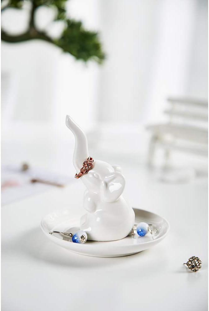 HOME SMILE Elephant Ring Dish Holder for Jewelry,Elephant Gifts for Women Chritsmas,Engagement Wedding Trinket Trays,Ceramic White