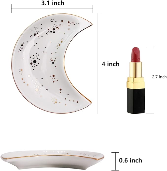 Soddeph Small Moon Ceramic Jewelry Tray, Decorative Trinket Dish, Ring Holder Plate, Modern Accent Tray for Bathroom, Nightstand, Entryway Table, Vanity (2, White)