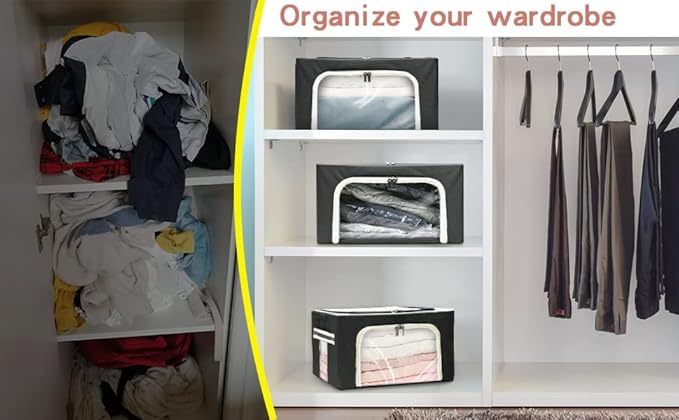 Stackable Clothes Storage Box for Clothing Gadgets,Steel Frame Storage Bins for Toys Gift,Foldable Oxford Fabric Closet Organizer Bag Set w/Carry Handles Clear Window (Small- 22L x3 Pack, Black)