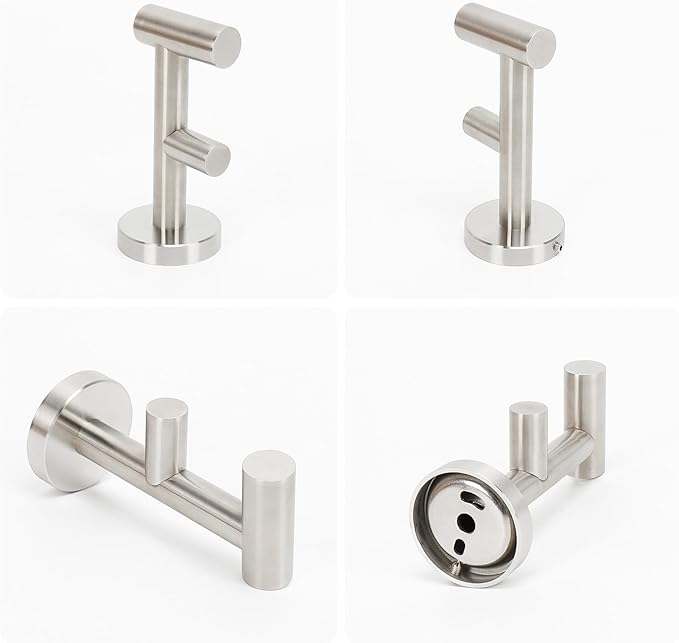 NearMoon Bathroom Double Towel Hook- SUS304 Stainless Steel Robe Towel Holder, Heavy Duty Double Coat Hook for Bathroom Livingroom Kitchen Wall Mounted (Brushed Nickel-F, 2 Pack)
