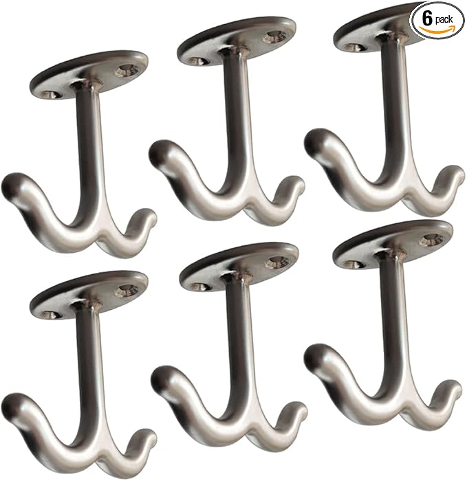 Zinc Alloy Double Prong Ceiling Hook Towel/Robe Clothes Hook for Closet Top Bathroom Kitchen Cabinet Garage (Pack of 6)