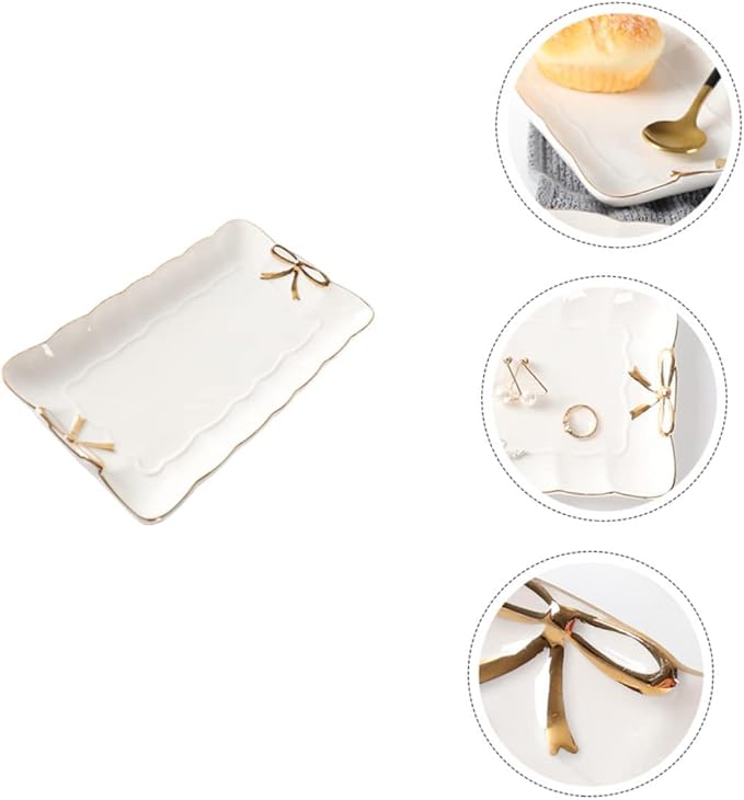 Ceramic Jewelry Tray with Bow Accent 7.87X4.72 Inch Rectangular Jewelry Dish Organizer for Home Countertop Storage and Cosmetics Accessories