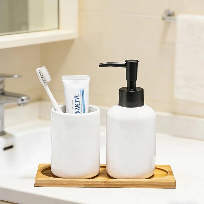 White Ceramic Soap Dispenser and Toothbrush Holder,3-Piece Bathroom Accessories Set Modern Cylinder Countertop Bath Set,Liquid Hand Soap Dispenser,Tumbler Cup,Wooden Vanity Tray
