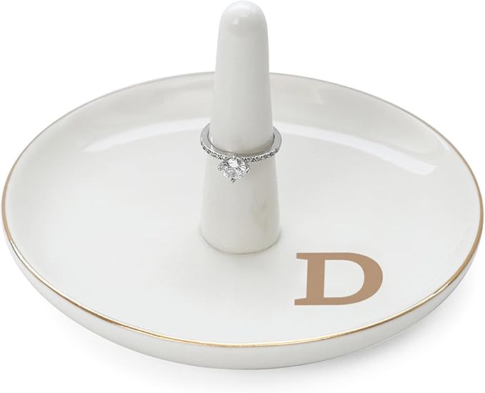 HOME SMILE Initials Ring Holder Jewery Tray with personalized D-Monogrammed Engagement Gifts for Friends,Birthday Mother's Day Christmas Gifts for Women,Ceramic White
