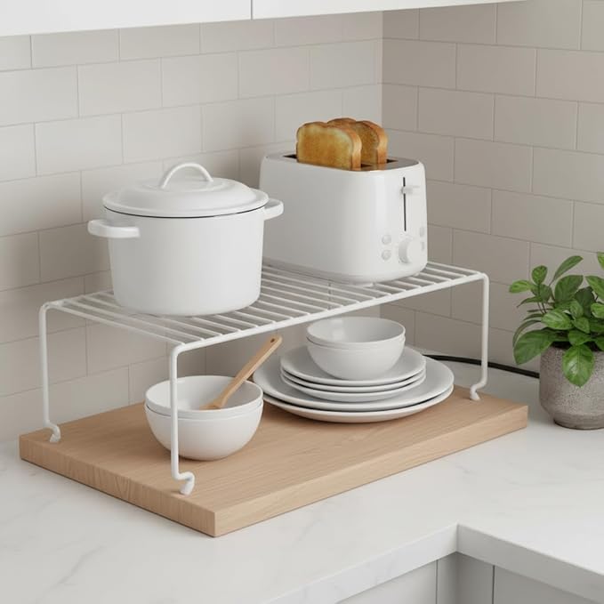 4-piece Kitchen Cabinet Storage Rack - Large Stackable Wire Rack for Pantry, Spice Organization and Desk Use, White (15.7 inches x 8.5 inches)