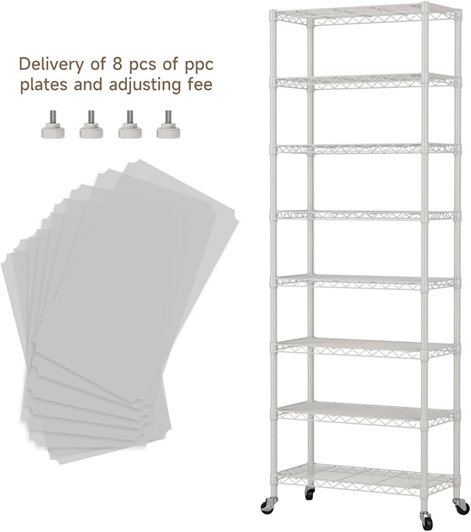 8 Tier Shelves Storage Shelf Wire Closet Bathroom Organizers Metal Pantry Kitchen Garage Shelving Unit Laundry Room Organization Home Rack Net Basket Black with Wheels 12”D X 22”W X 74.2”H