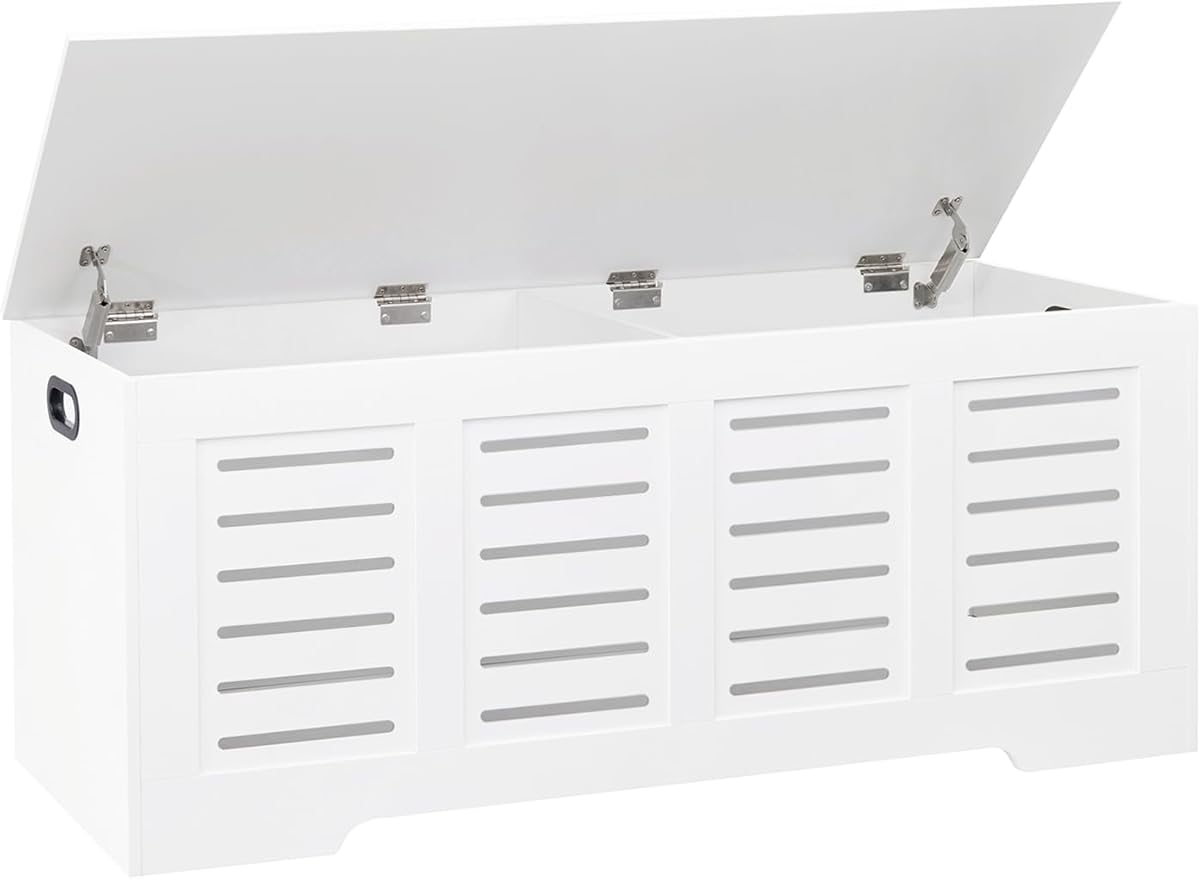 DINZI LVJ Storage Chest, 47.3â Wooden Toy Box with 2 Safety Hinges, Retro Entryway Shoe Storage Bench with Flip-Top, Sturdy Large Storage Trunk for Living Room, Bedroom, Easy Assembly, White