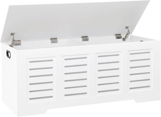 DINZI LVJ Storage Chest, 47.3â Wooden Toy Box with 2 Safety Hinges, Retro Entryway Shoe Storage Bench with Flip-Top, Sturdy Large Storage Trunk for Living Room, Bedroom, Easy Assembly, White