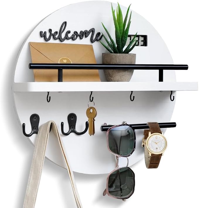 Key Holder for Wall, Key and Mail Holder Organizer with - Key Holder Wall Mount - Round Wooden Rustic Home Decor for Entryway, Mudroom, Hallway, Kitchen Office (White&Black)