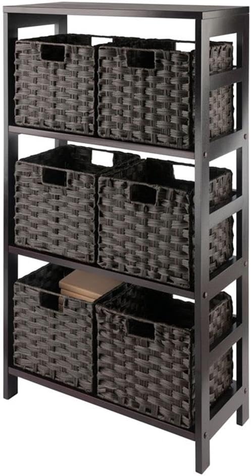 Winsome Leo 3-Tier Wide Storage Shelf with 6 Foldable Woven Baskets, for Living Room, Home Office, Bedroom, Espresso