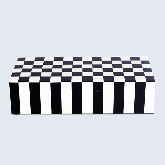 Handicrafts Home Decorative Storage Box with Lid – Black and White Decorative Remote Holder Box, Coffee Table Storage Box for Living Room, Console Table & Shelf Decor – Puzzle Check 10 x 6 x 2.5
