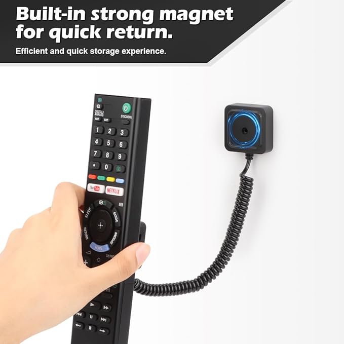WALLFID 2-Pack Magnetic Remote Control Holders with Spring Ropes - Safely Secure TV Remotes & Small Items, Wall-Mount with Adhesive, Anti-Loss, Rapid Adsorption, Extendable Spring.(Black, 2 Pack)