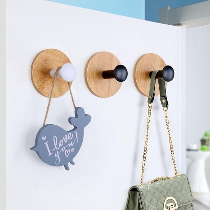 4pack Decorative Wood Wall Hook Coat Hooks for Hanging Adhesive Waterproof Wall Hook Clothes Bag Key Hanger Hook Bedroom Kitchen Bathroom Door Robe Towel Hooks-White