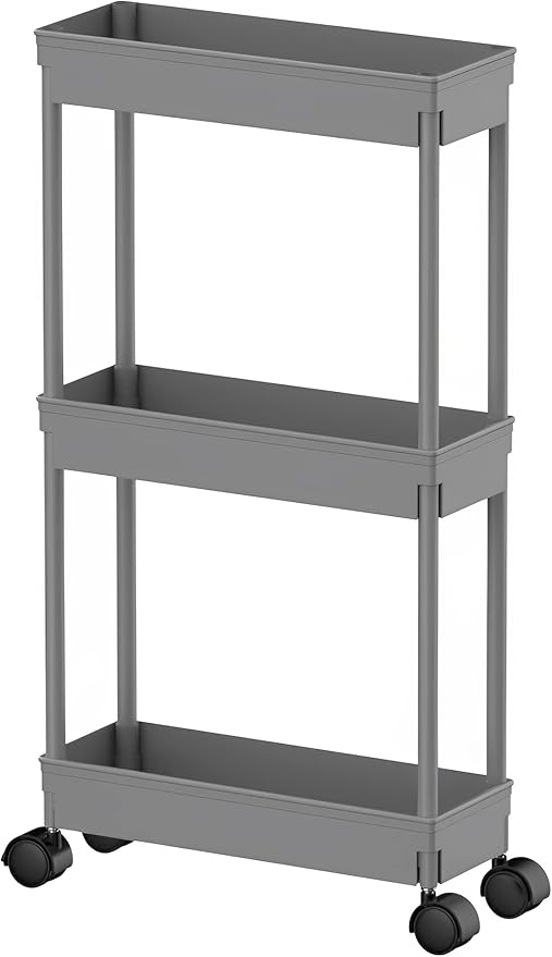 Sooyee Slim Storage Cart,3 Tier Bathroom Rolling Utility Cart Storage Organizer Slide Out Cart, Mobile Shelving Unit Organizer Trolley for Office Bathroom Kitchen Laundry Room Narrow Places, Grey