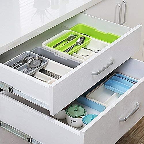 HornTide 3-in-1 Cutlery Tray, Expandable Utensils Holder, Plastic Kitchen Drawer Organizer for Silverware Storage and More - Blue