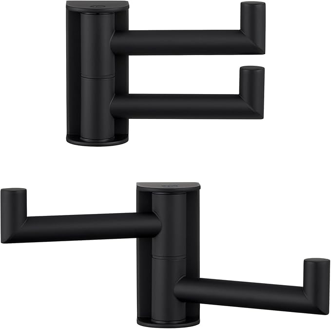 Suyar Double Towel Hook Matte Black, SUS 304 Stainless Steel Heavy Duty Wall Hook for Bathroom, Swivel Coat Holder, Towel Hanger with 2 Foldable Arms, 2 Pack