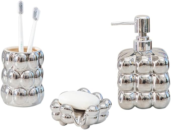 Anding Bathroom Accessory Sets, Includes Lotion Dispenser Toothbrush Holder, Cup and Soap Dish Ceramic Abstract Home Decor Shelf, Silver, (A635 Silver Set)