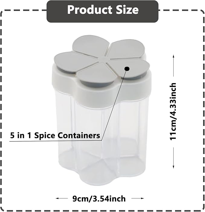 2 Pcs 5 in 1 Spice Containers, Multi-Spice Dispenser, Portable Travel Seasoning Condiment Containers, Salt Pepper Spice Shaker with Lid and Labels Clear Container Jars