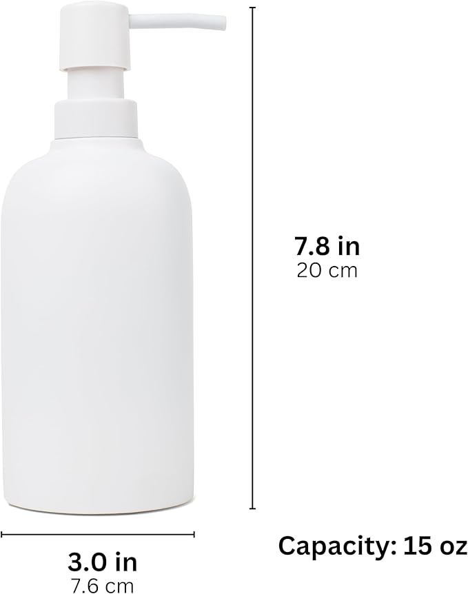 Matte White Round Soap Dispenser for Kitchen & Bathroom – 15 oz Refillable Resin Pump Bottle for Dish Soap, Hand Soap, Shampoo, Conditioner – Modern Countertop Dispenser with Non-Slip Protective Pads
