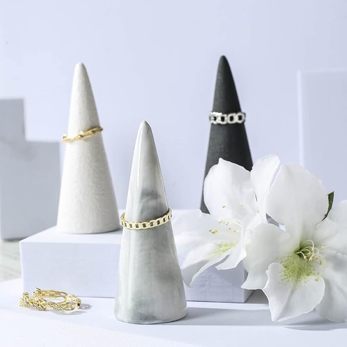 oskas Marble Ring Holder Tower Ceramic Cone Shape Modern Decorative Display Stand for Jewelry Ring/Wedding Ring 2PCS SET Grey