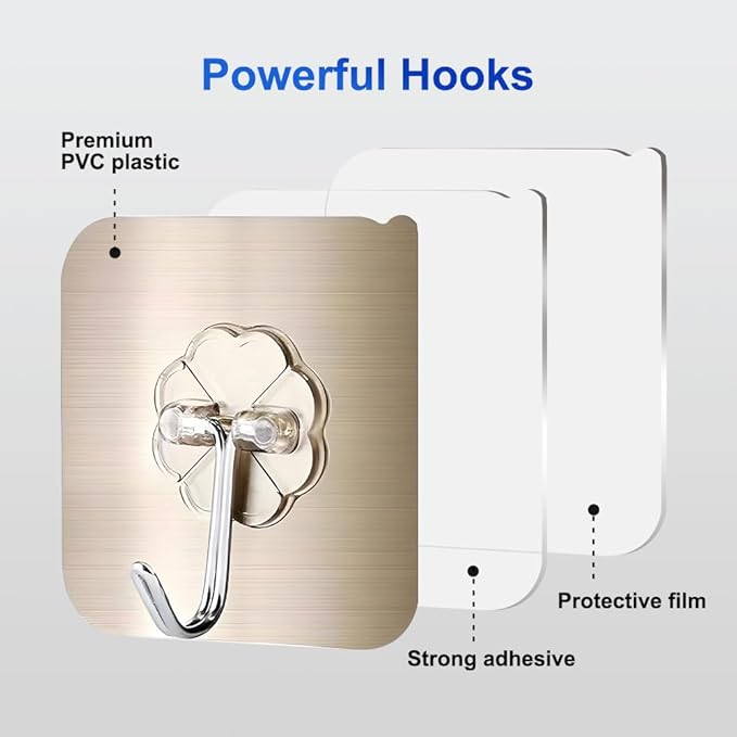 Koja 5 Pack Heavy-Duty Self-Adhesive Hooks - Transparent, Waterproof, Stick-on Wall Hooks for Keys, Bathroom, Shower, Outdoor, Kitchen, Door, Home Improvement, Utility Room - Brushed Gold