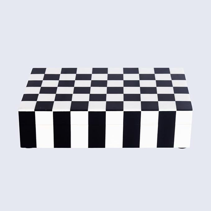 Handicrafts Home Small Decorative Storage Box with Lid – Black and White Keepsake Box, Decorative Trinket Box for Jewelry, Desk Organizer, Coffee Table & Shelf Decor – Puzzle Check 8 x 5 x 2