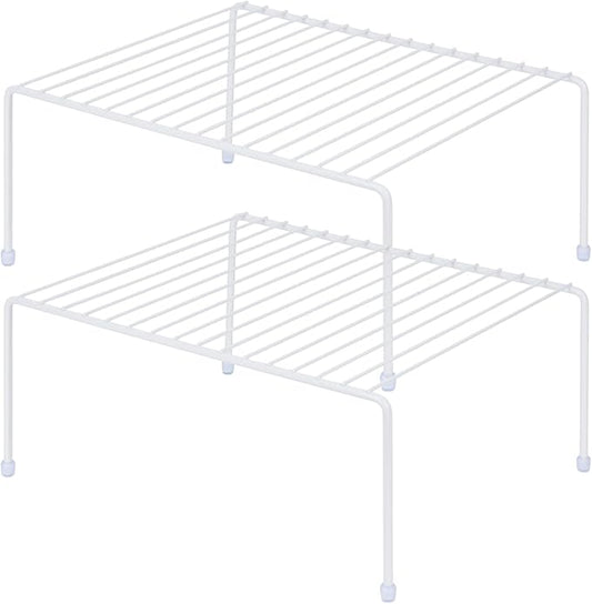 SIBAO Kitchen Cabinet Storage Shelf Rack/Plastic Feet - (13.1 x 10.2 Inch) - Steel Metal - Rust Resistant Finish - Cups, Dishes, Cabinet & Pantry Organization (2, White)