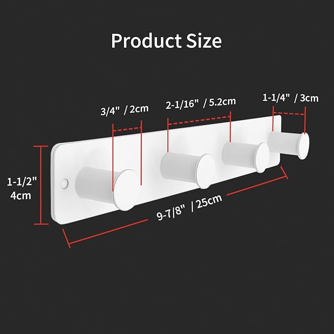 Small Coat Rack Wall Mounted, White Coat Hooks Adhesive & Screw in, Stainless Steel Door Hooks for Hanging Hat Towels Clothes, Hook Rail with 4 Round Hangers (White, 4 Hooks)