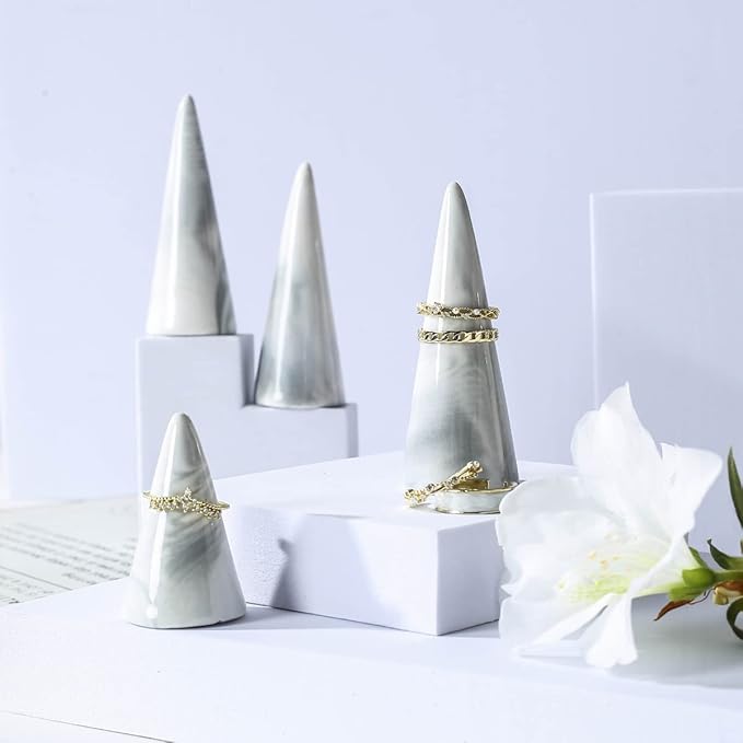 oskas Marble Ring Holder Tower Ceramic Cone Shape Modern Decorative Display Stand for Jewelry Ring/Wedding Ring 2PCS SET Grey