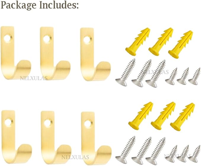 Brushed Brass Metal Hooks Sturdy Decorative Wall Mounted Heavy Duty Coat Hooks for Hanging Hats Bags Purses Towels Kitchenware Suitable for Bedroom Bathroom and Kitchen (6, 1-1/2 inch)