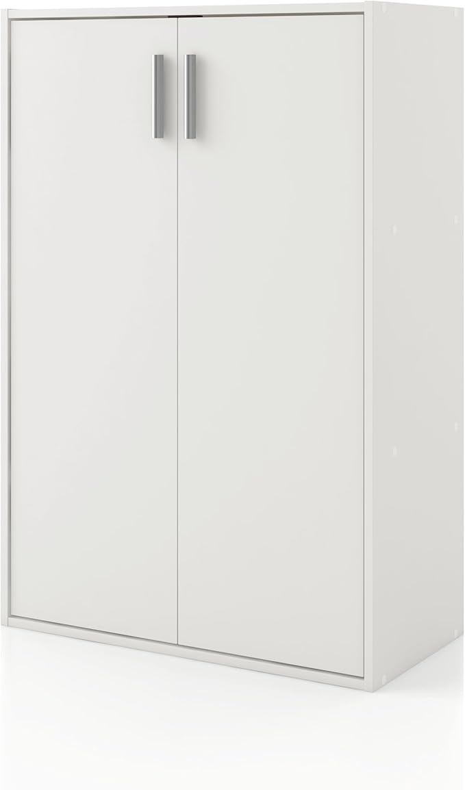 Homes: Inside + Out Apexa 3-Tier Stackable Wood Bookcase with Doors, Cube Storage Organizer Shelves, Small Food Pantry Cabinet, Dorm Teen Room Decor & Bedroom, Home Office, Kitchen, White