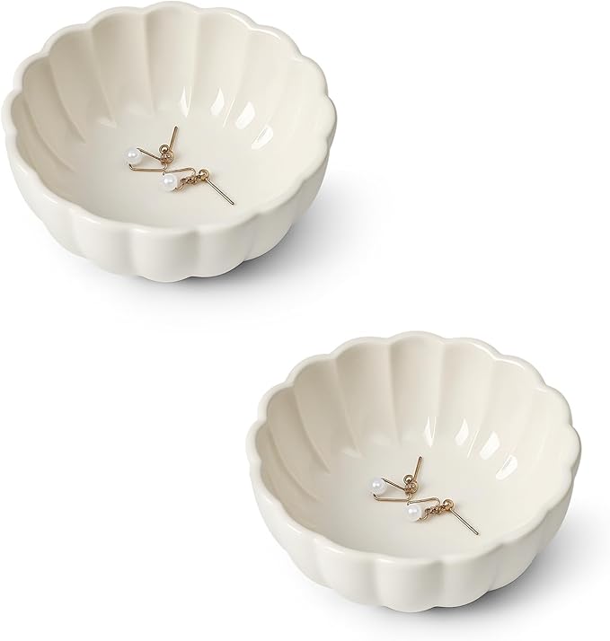 Koythin 2-Piece Small Trinket Dish, Ceramic Jewelry Ring Dish, Flower Key Holder Bowl for Women, Decorative Plate Tray for Dresser, Home Decor Organizer Trinket Tray (Round Petal Flower, White)