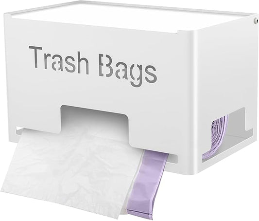 Extra Large Trash Bag Holder Dispenser, Metal Garbage Bag Dispenser Roll Holder, Trash Storage Organizer for Kitchen Laundry Room Under Sink, Wall Mounted or Freestanding, White