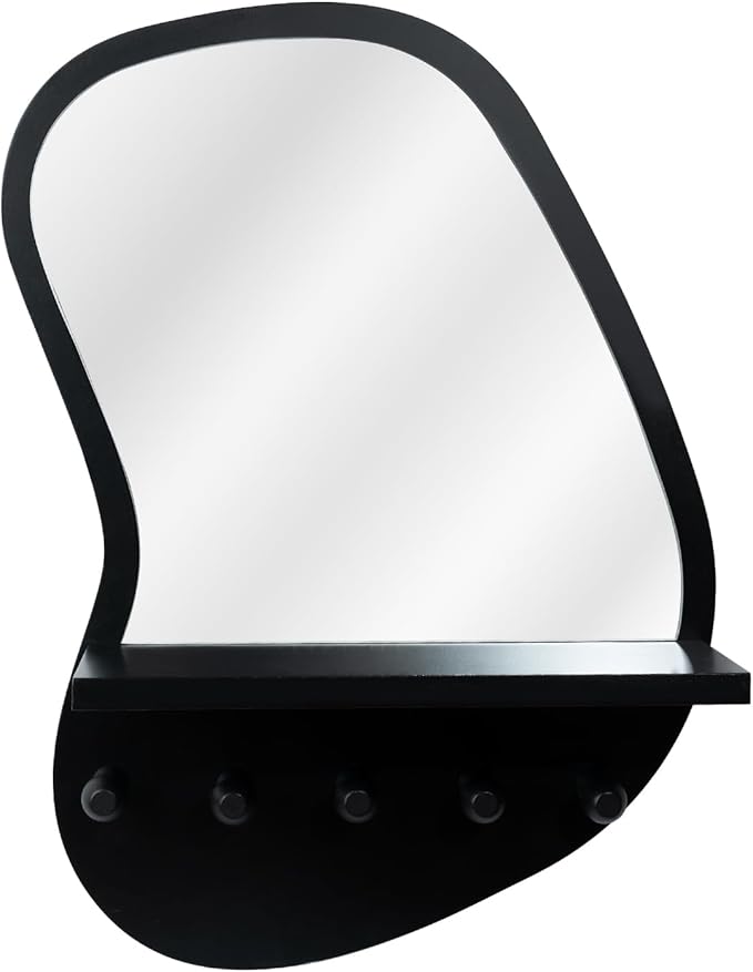 SANY DAYO HOME Wall Mount Wood Frame Irregular Mirror with 5 Wooden Hooks and Shelf, Modern Decorative Hanging Mirror for Entryway, Bedroom, Living Room (16″ x 12″, Black)