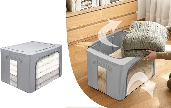 Stackable Clothes Storage Box for Clothing Gadgets,Steel Frame Storage Bins for Toys Gift,Foldable Oxford Fabric Closet Organizer Bag Set with Carry Handles Clear Window (Large- 66L x3 Pack, Grey)