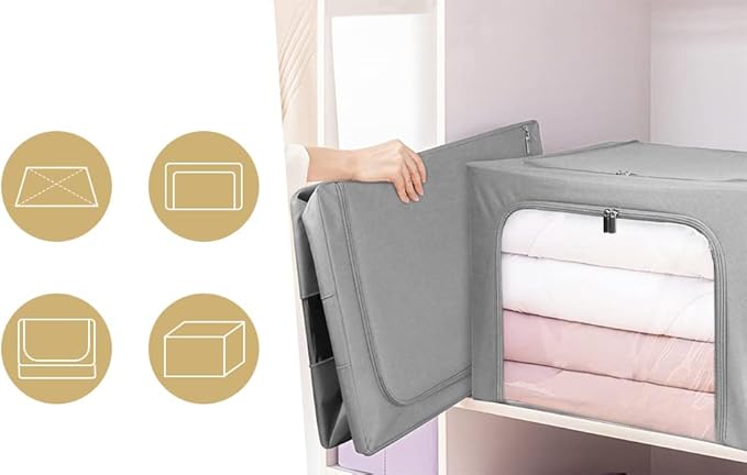 Stackable Clothes Storage Box for Clothing Gadgets,Steel Frame Storage Bins for Toys Gift,Foldable Oxford Fabric Closet Organizer Bag Set with Carry Handles Clear Window (Large- 66L x3 Pack, Grey)