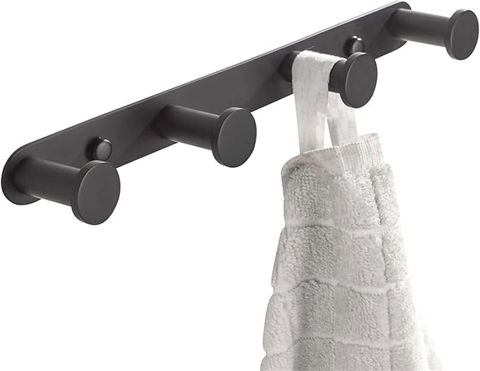 BigBig Home Black Towel Hook, Bathroom Wall Hook Rack with 4 Hooks Matte Bedroom Coat Hook Kitchen Robe Hanger Wall Mount
