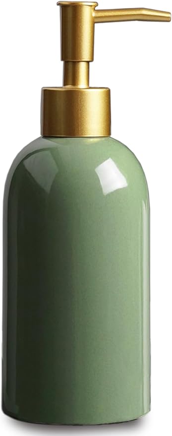 Ceramic Soap Dispenser Green with Gold Pump,Simple Design Cylindrical Lotion Dispenser Bottle,Refillable Liquid Hand Soap Dispenser for Kitchen,Bathroom,Washroom