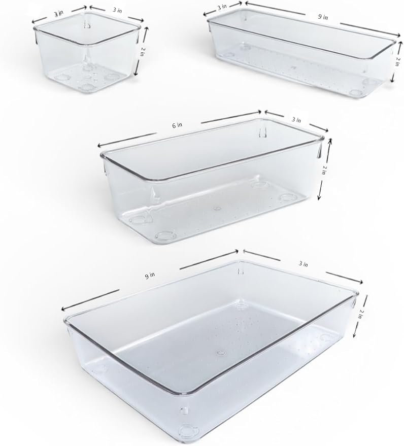 Neatly You Versatile 25-Piece Drawer Organizer Set – 4 Different-Sized Clear Plastic Bins (25 Total) For Organizing Bathroom, Vanity, Dresser, Kitchen, Desk, Makeup, Office
