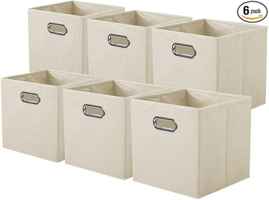 ShellKingdom Storage Bins, Foldable Fabric Storage Cubes And Cloth Storage Organizer Drawer with Metal Handle For Closet And Toys Storage, 11 X 10.5 X 10.5 INCH, 6 Pack (Beige)