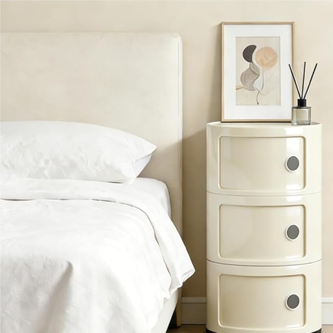 3 Tier Round with Storage, Modern Style Side Table, Multifunctional End Table Storage Cabinet for Living Room, Bedroom, Bathroom (Beige)