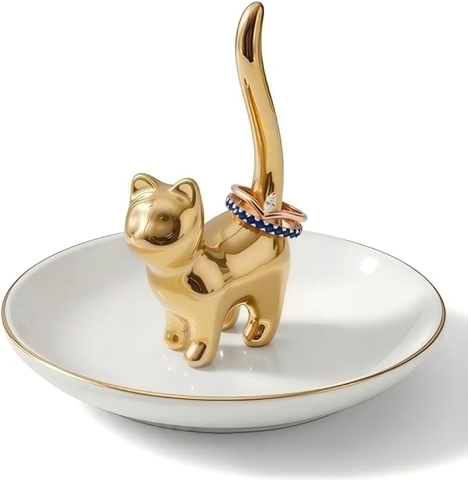ROSA&ROSE Cat Ring Holder Jewelry Dish, Ceramic Trinket Tray with Gold Cat Ring Stand, Decorative Jewelry Organizer Plate for Rings Earrings Necklace, Vanity Tabletop Jewelry Storage