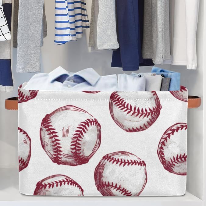 Cute Storage Bins for Organization, Canvas Book Storage Bins Handles, Bedroom Shelves Decorative Baskets for Organizing, Fabric Cube Bin Classroom Dorm Closet Organizer Box (Baseball)
