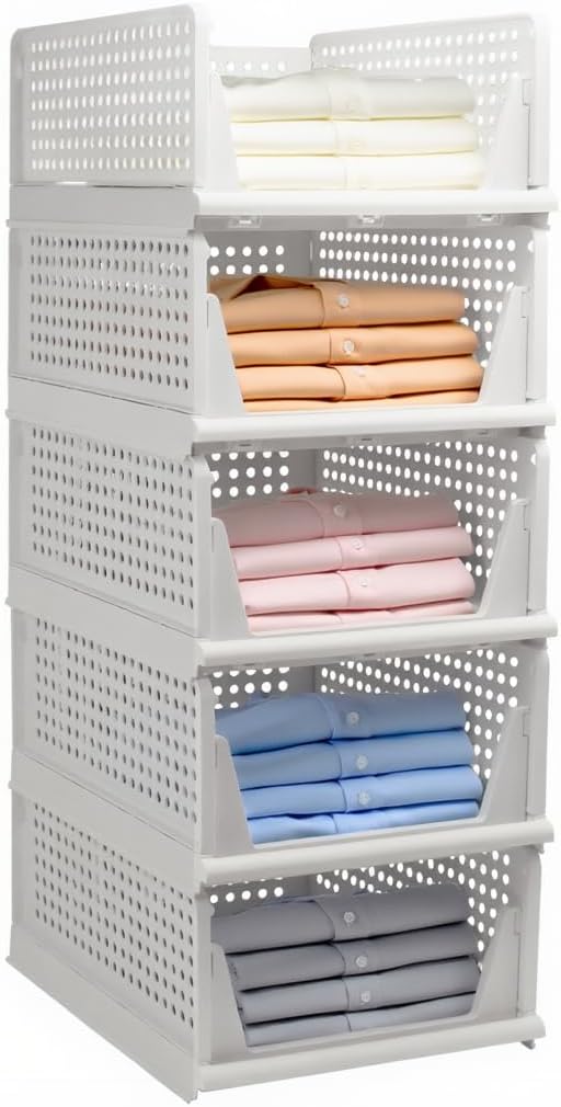 5 Pack Stackable Foldable Storage Baskets - Folding Storage Bins, Multifunctional Closet Organizers for Wardrobe, Cupboard - Space-Saving Clothes Storage Hat Organizer (White, 5L)