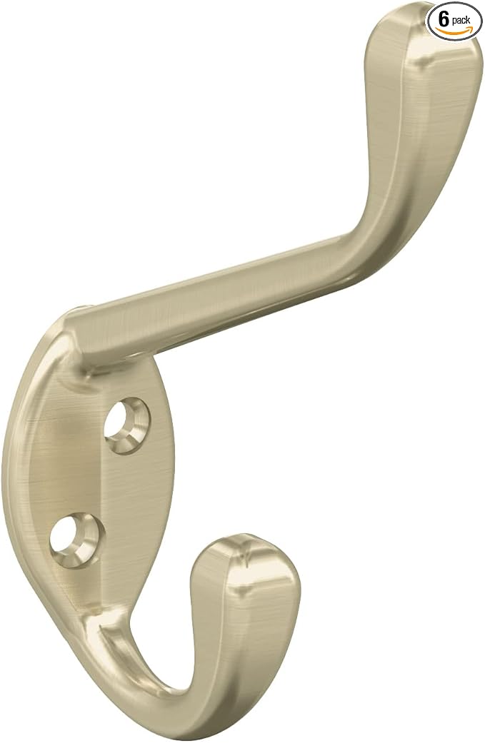 Amerock H55451BBZ | Noble Double Prong Decorative Wall Hook | Golden Champagne Hook for Coats, Hats, Backpacks, Bags | Hooks for Bathroom, Bedroom, Closet, Entryway, Laundry Room, Office (Pack of 6)