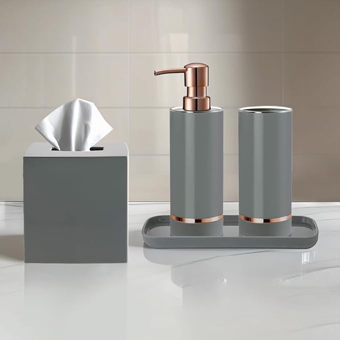 Decozen Bathroom Accessories - 4Pcs Bath Accessories for Home Decor Soap Dispenser, Lotion Dispenser, Tissue Box & Tray for Bath Decor Countertop Organizer - Christmas Decorations, Housewarming Gift