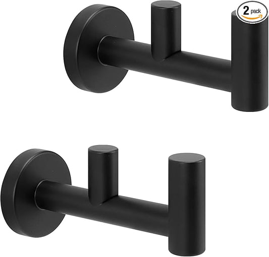 NearMoon Bathroom Double Towel Hook- SUS304 Stainless Steel Robe Towel Holder, Heavy Duty Double Coat Hook for Bathroom Livingroom Kitchen Wall Mounted (Matte Black-F, 2 Pack)