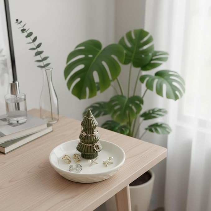 Moss Green Christmas Tree Ring Dish - Ceramic Jewelry Holder for Kitchen Sink or Vanity - Aesthetic Sage Green Room Decor, Holiday Xmas Tree Trinket Tray, Christmas Gifts for Women