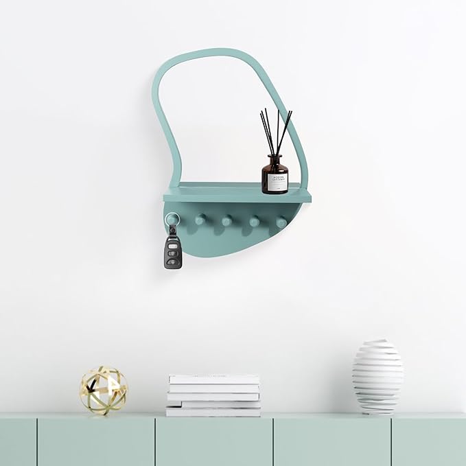 SANY DAYO HOME Wall Mount Wood Frame Irregular Mirror with 5 Wooden Hooks and Shelf, Modern Decorative Hanging Mirror for Entryway, Bedroom, Living Room (16″ x 12″, Turquoise)